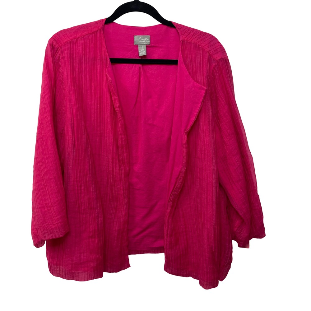 Chicos Travelers Hot Pink Crinkle‎ Pintuck Pleated Open Front Blazer Size 3 XL